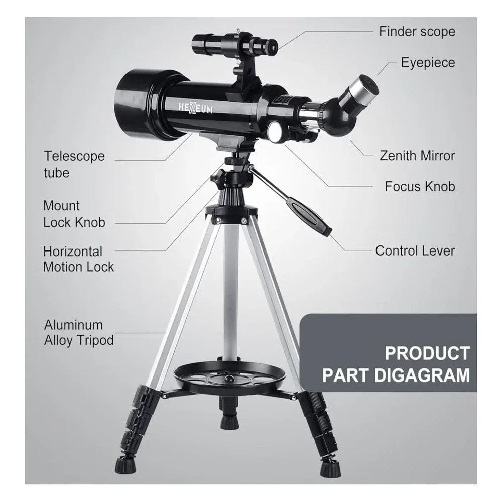 HEXEUM 70mm Astronomical Telescope Refractor Altazimuth Tripod Phone Mount